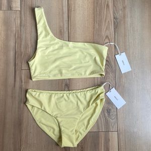 NWT MIKOH Bikini Set One Shoulder Moni Top and Cruz Bay Bottoms in Zest, size M